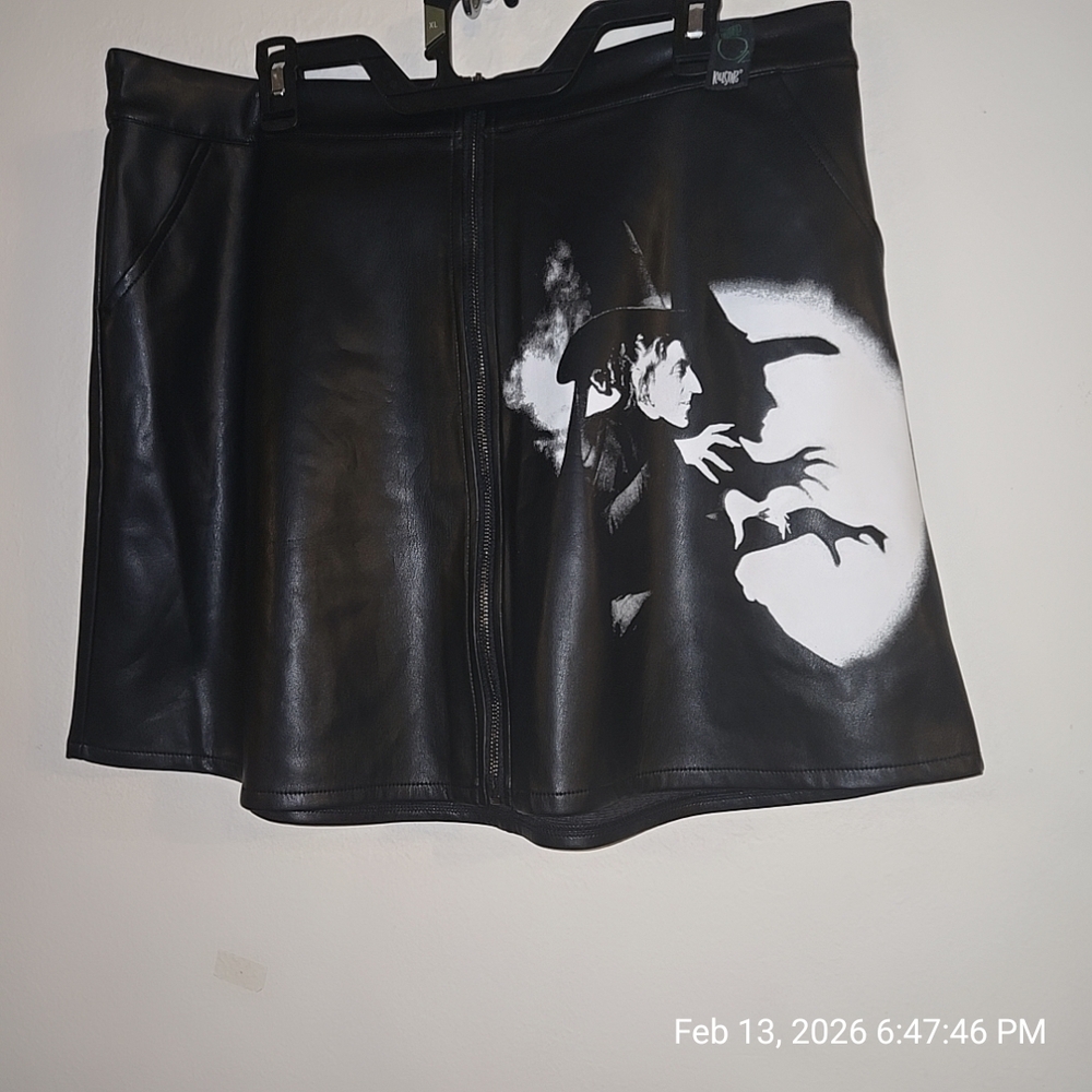 Black Faux Leather Skirt with Witch Print